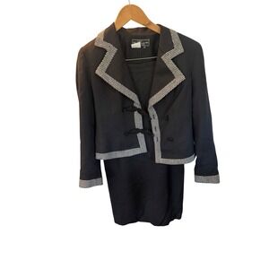 Vintage Alvin Wool Blend Dress Suit Set Black w/ Houndstooth Trim Size 6 USA